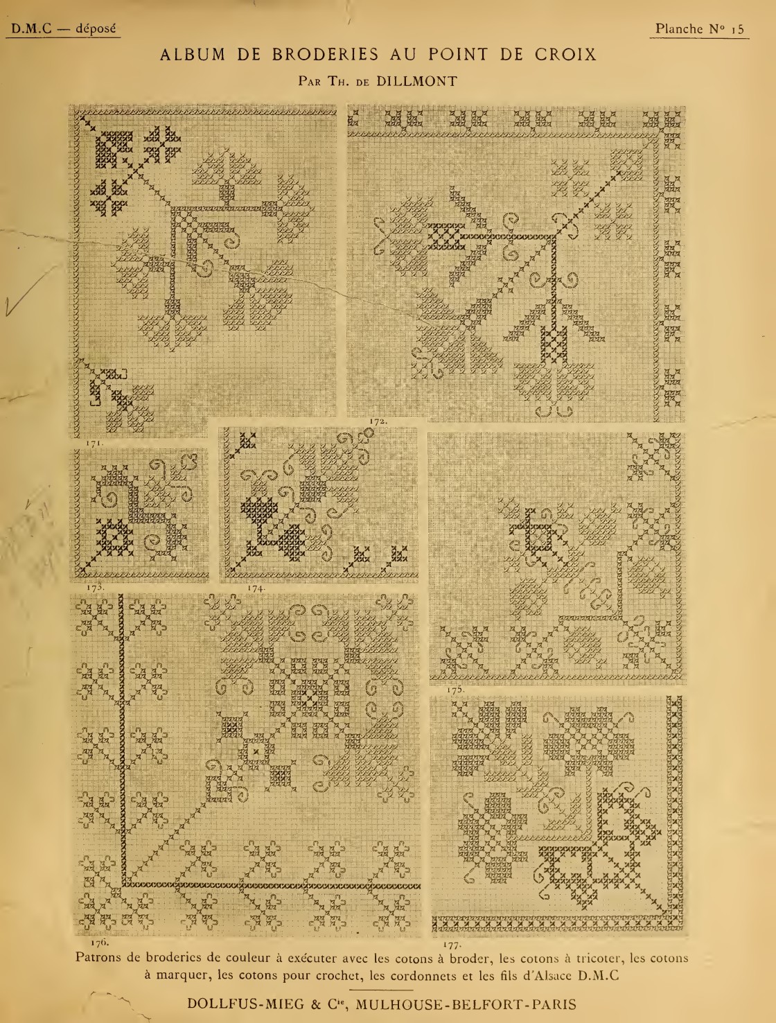 Branching flowers & corner motifs — original printed page from Album de broderies au point de croix, vol. 1