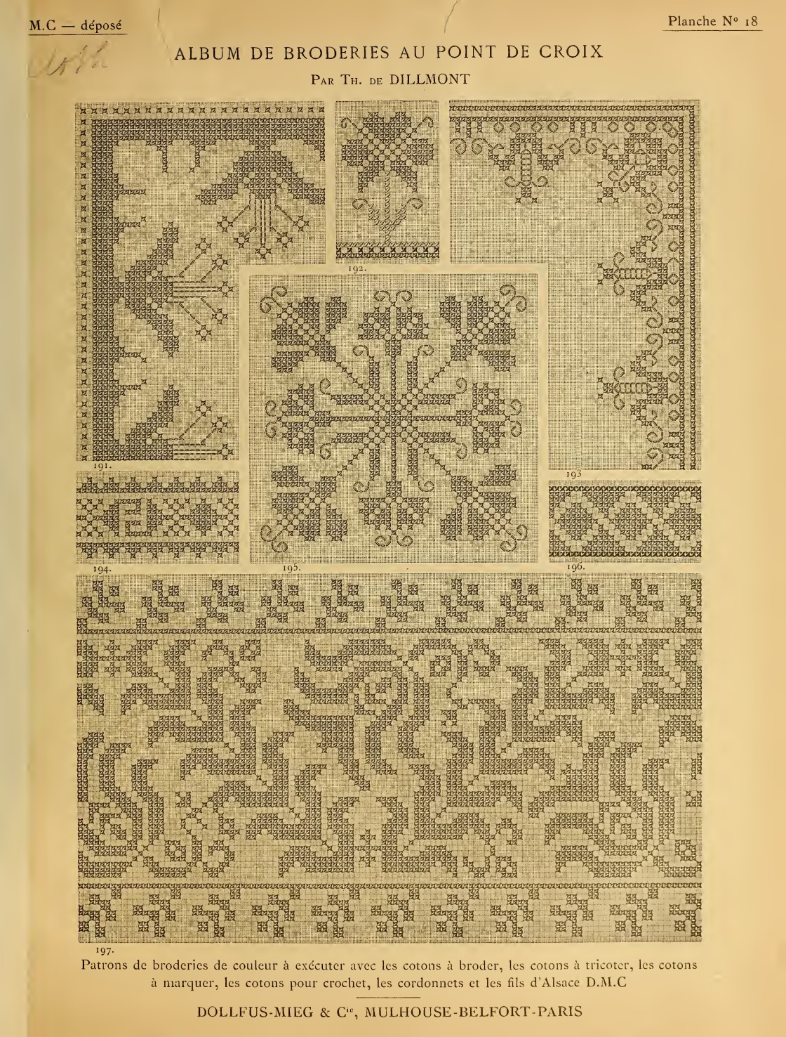Ornamental fields & borders — original printed page from Album de broderies au point de croix, vol. 1