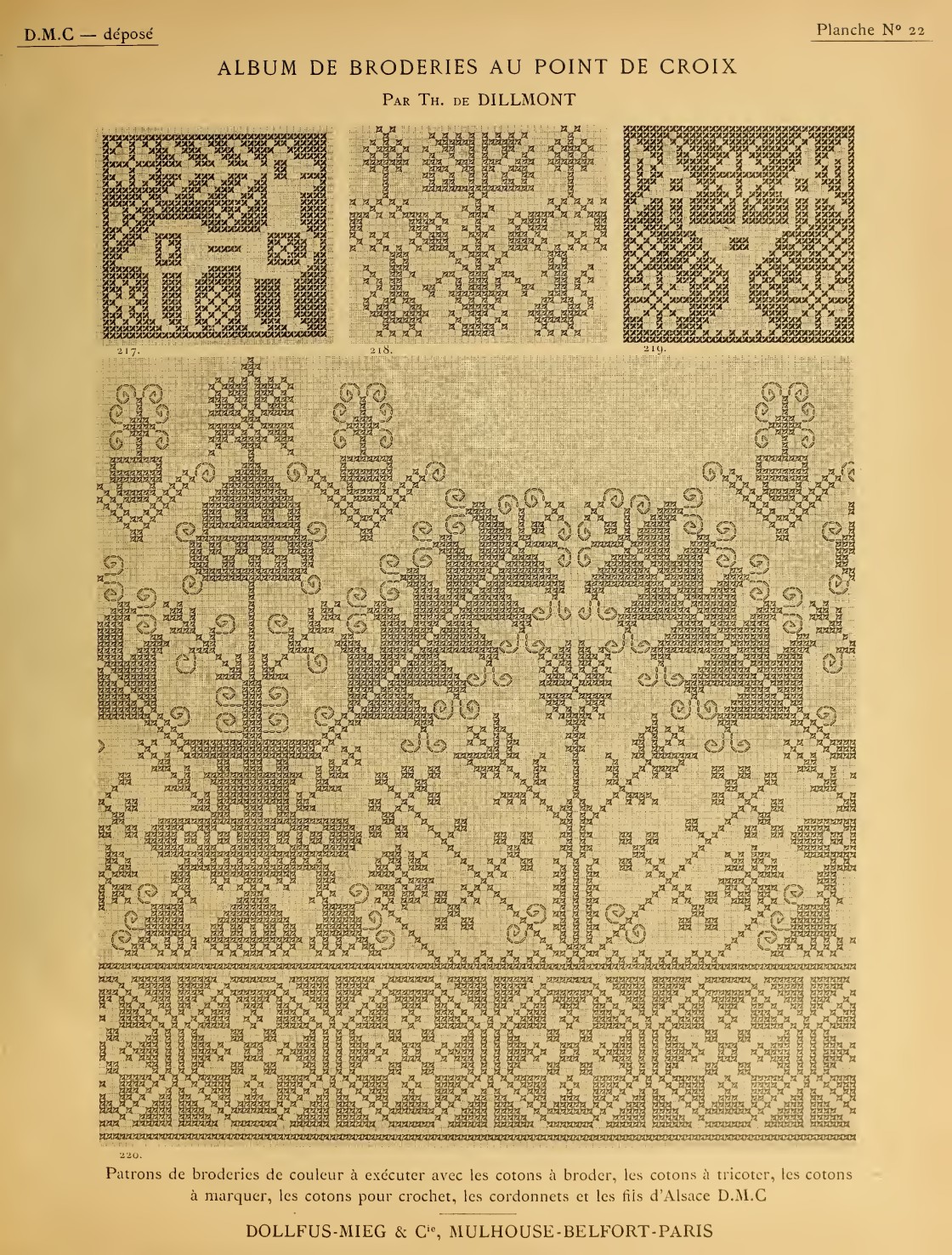 Animals, birds & branching motifs — original printed page from Album de broderies au point de croix, vol. 1