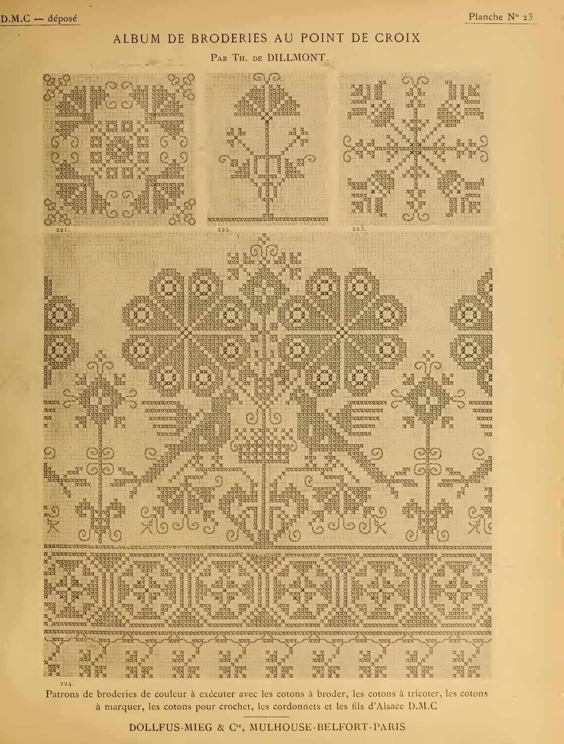 Rosettes & ornamental panels — original printed page from Album de broderies au point de croix, vol. 1