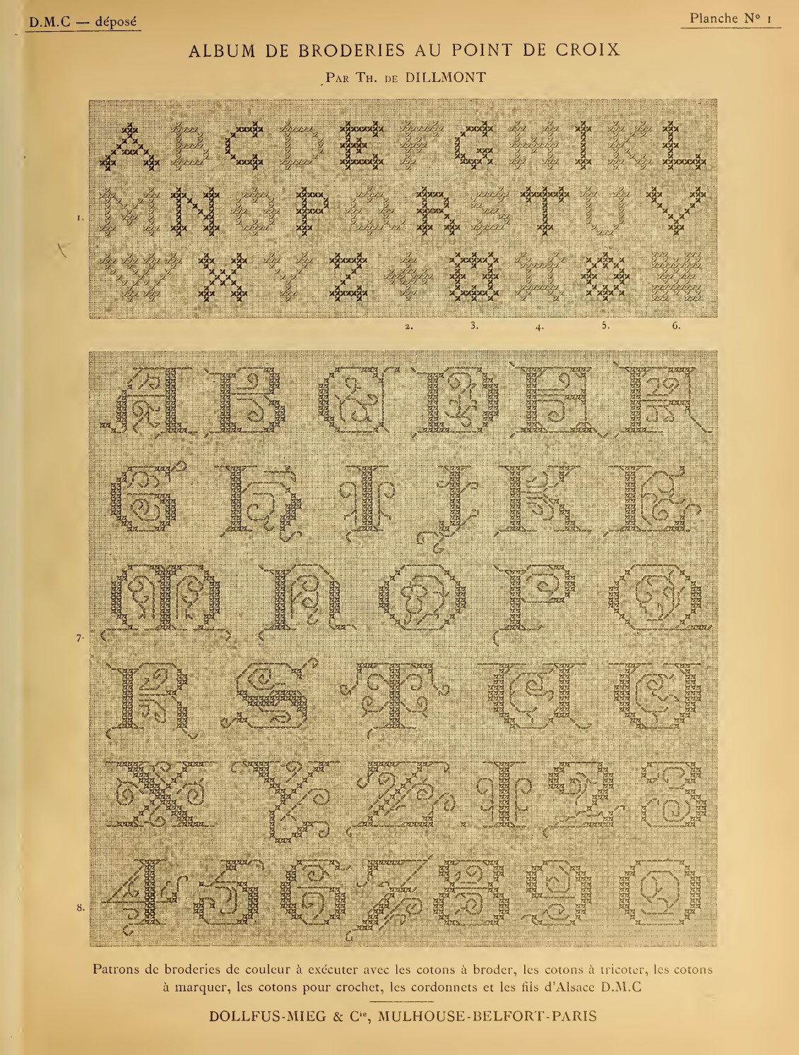 Decorative alphabets & numerals — original printed page from Album de broderies au point de croix, vol. 1