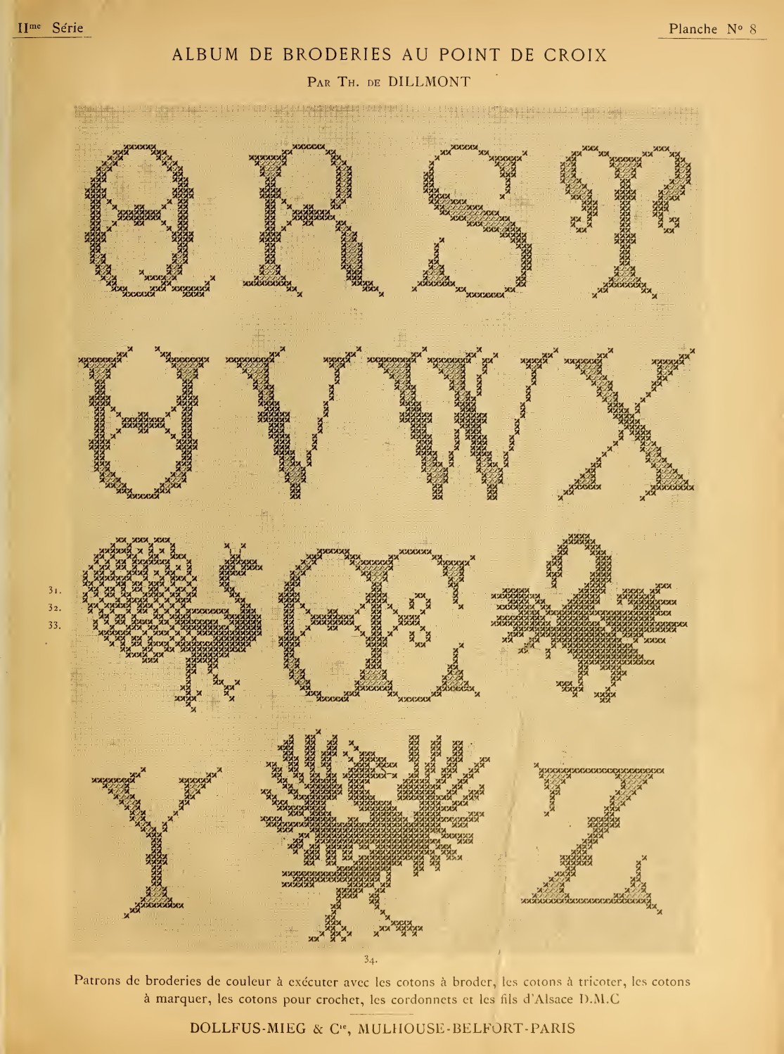 Heraldic birds & decorative letters — original printed page from Album de broderies au point de croix, vol. 2