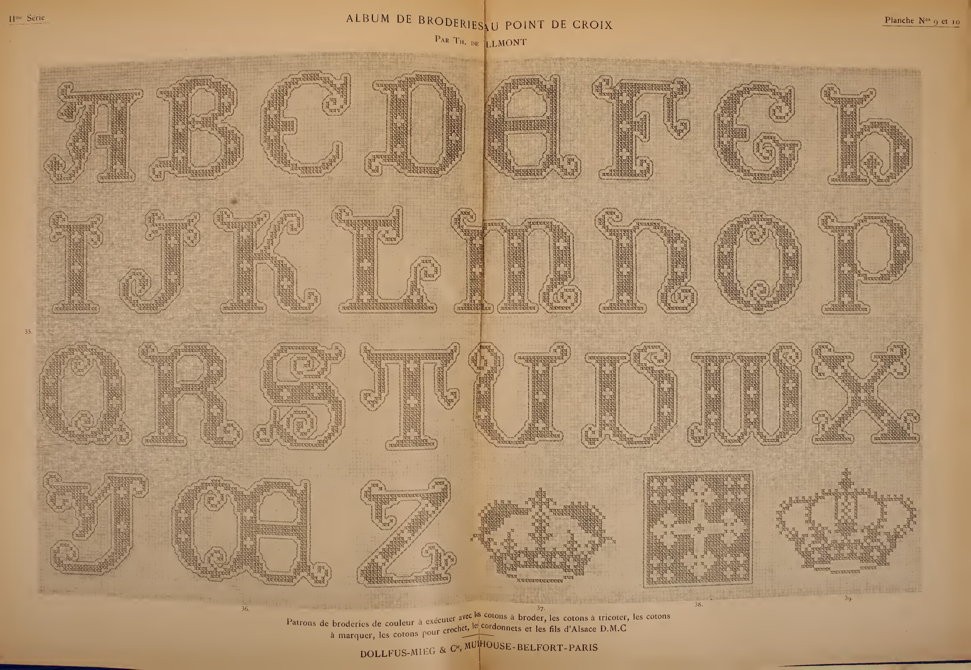 An ornate full alphabet — original printed page from Album de broderies au point de croix, vol. 2