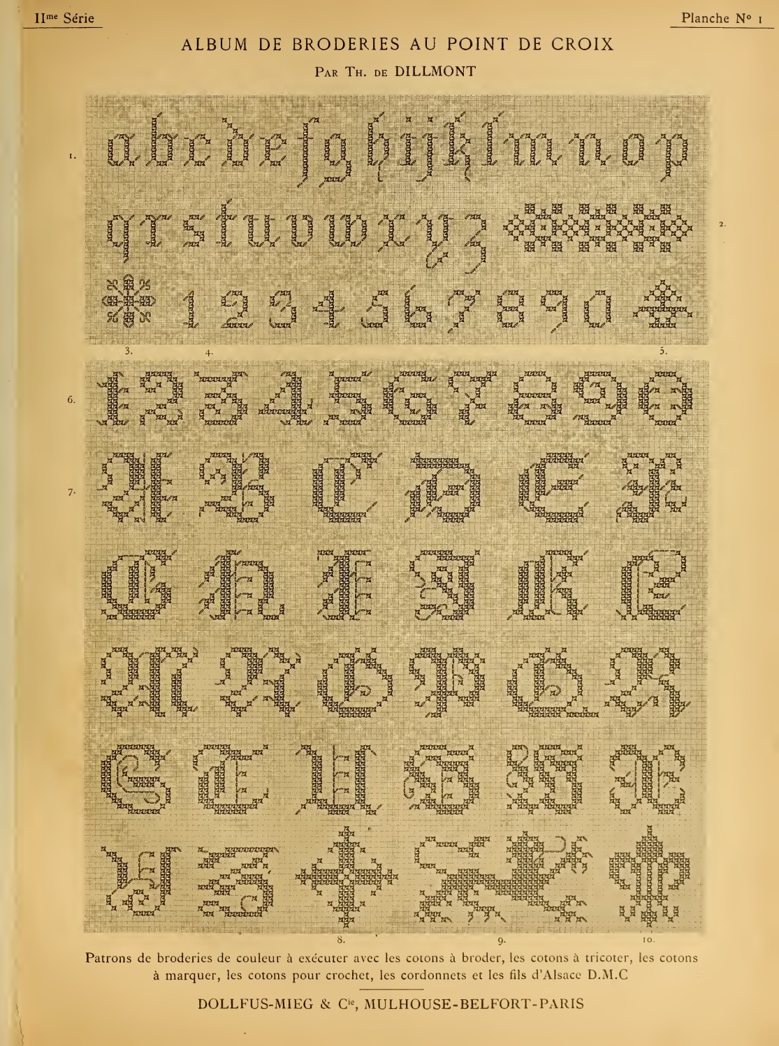 Letters, numerals & small ornaments — original printed page from Album de broderies au point de croix, vol. 2