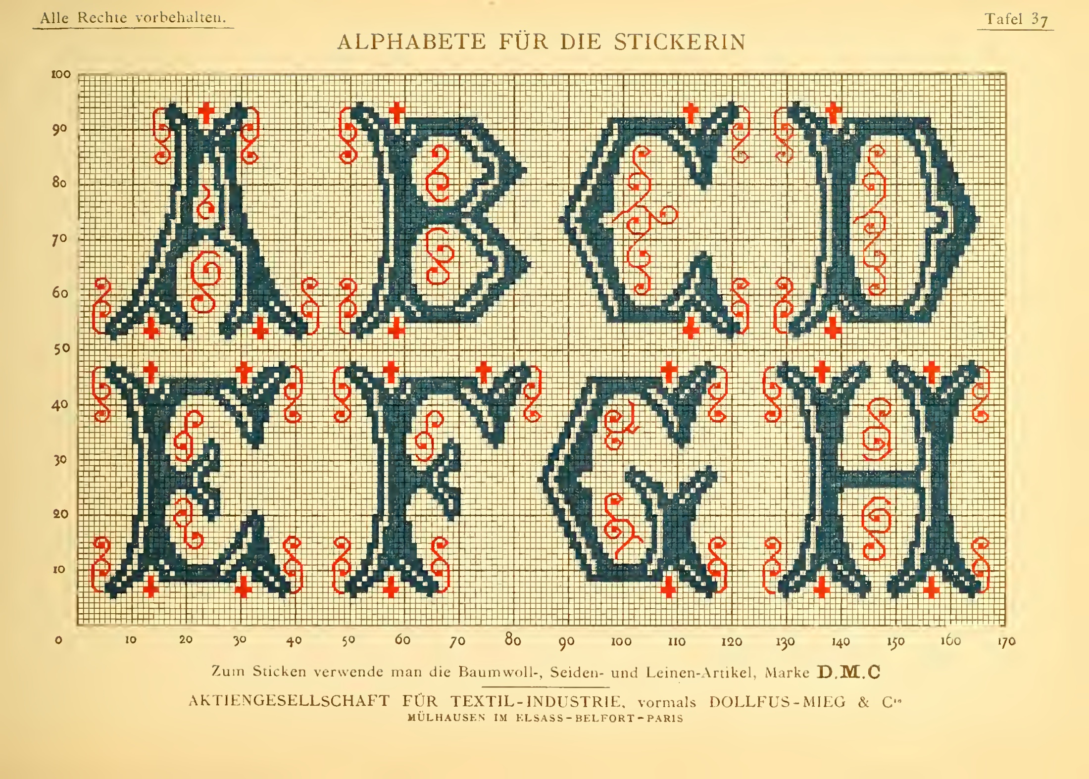 Ornate blue initials A-H — original printed page from Alphabete für die Stickerin
