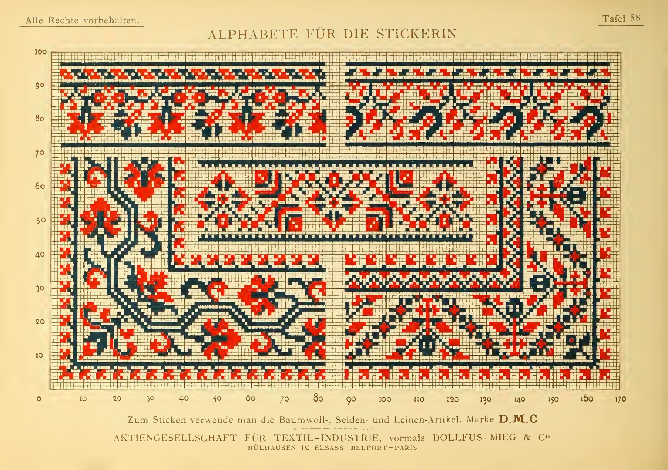 Floral border and corner arrangements — original printed page from Alphabete für die Stickerin