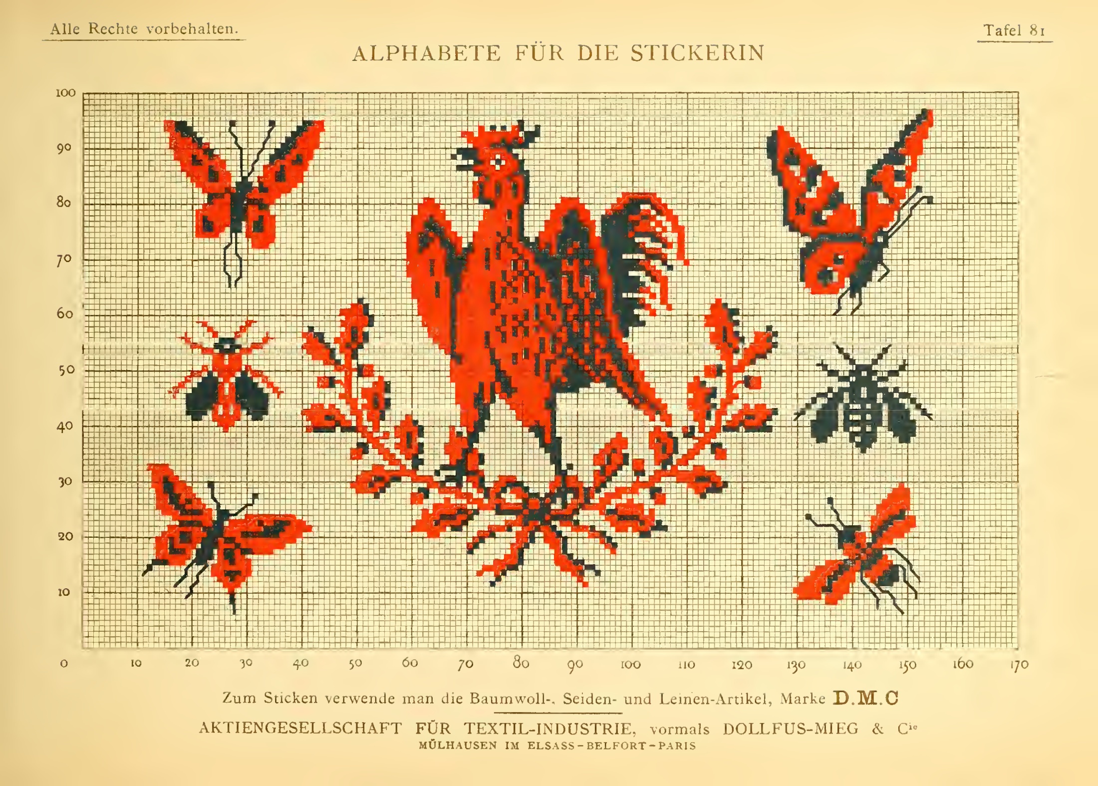 Rooster, butterflies and insects — original printed page from Alphabete für die Stickerin